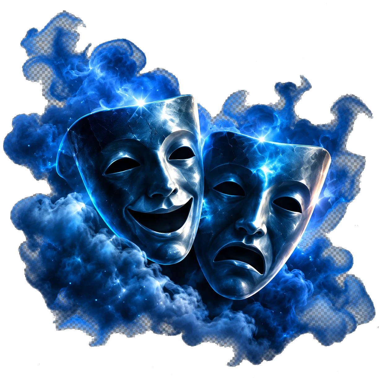 Dwie teatralne maski w niebieskiej mgle